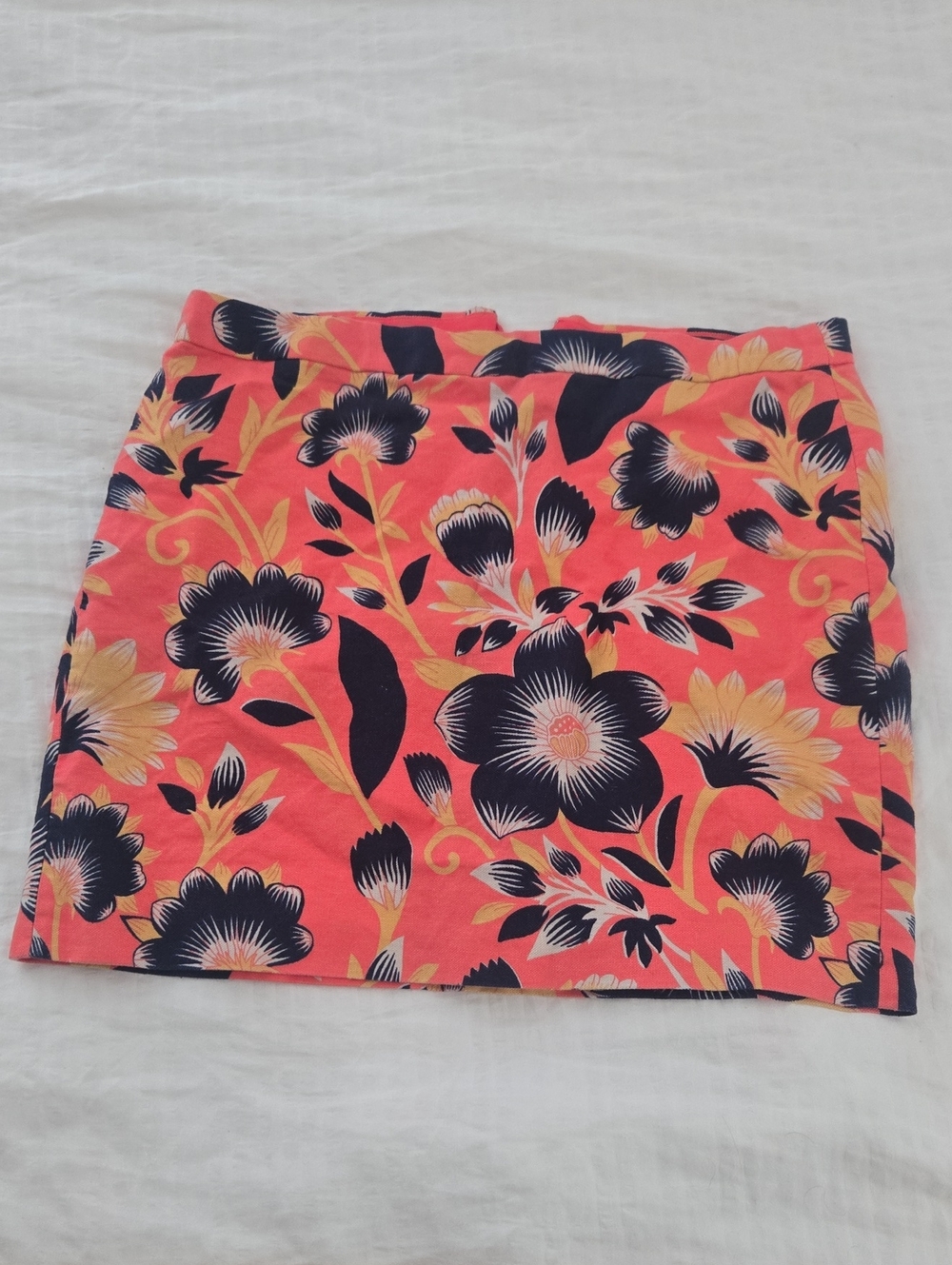J. Crew Coral Mini Skirt with Navy & Yellow Floral Print